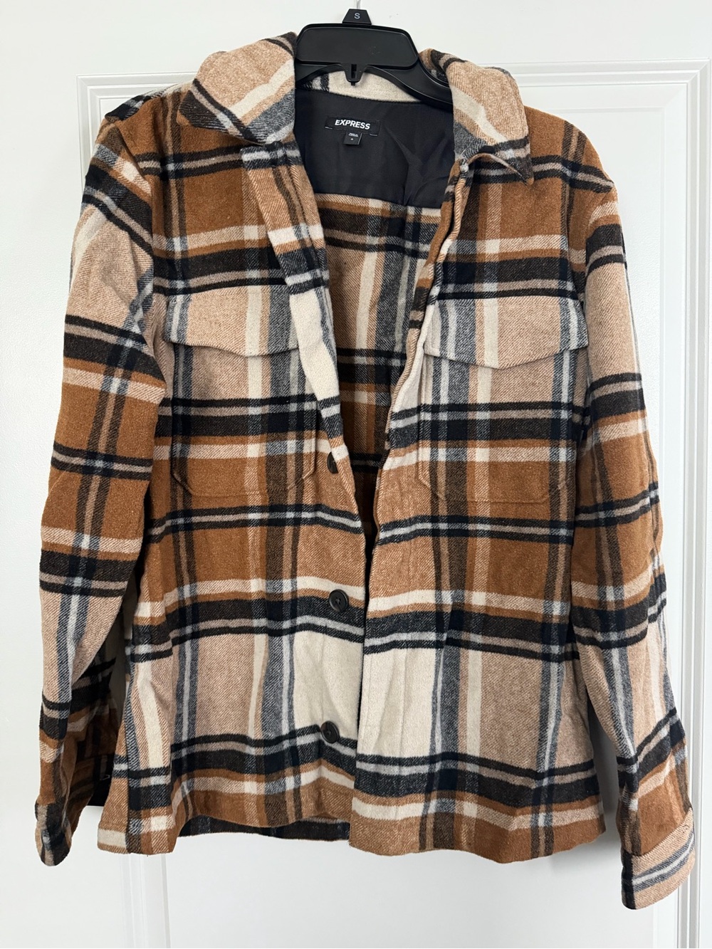 Express Plaid Shirt Jacket in Camel, Black & Cream